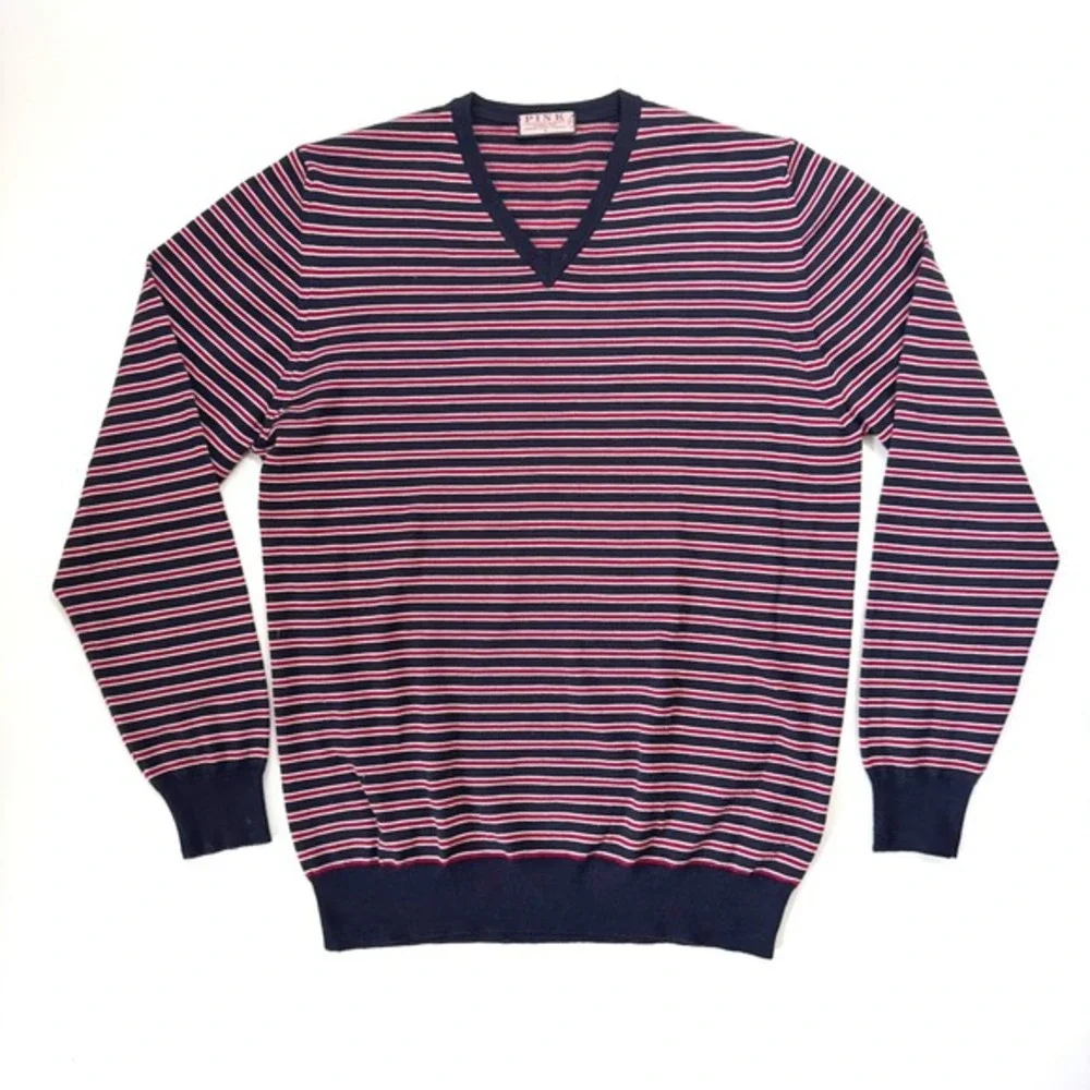 Thomas Pink V-Neck Sweater Mens Navy Red Striped 100% Merino Wool Italy‎ Size M